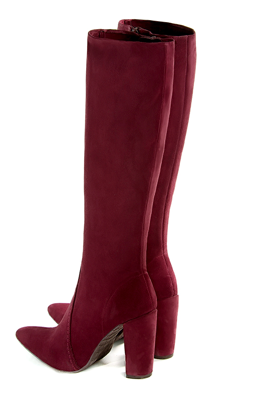 Burgundy red women's feminine knee-high boots. Tapered toe. Very high block heels. Made to measure. Rear view - Florence KOOIJMAN